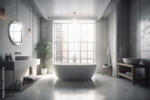 Bathroom bliss soak in style in a white bathtub next to a picture-perfect window. AI Generative.