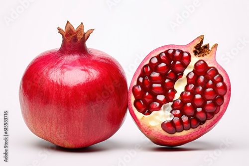 Illustration of a halved pomegranate with exposed seeds on a plain white background created with Generative AI technology