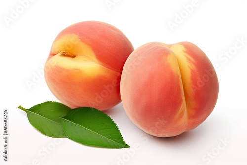 Illustration of two ripe peaches resting on a wooden surface created with Generative AI technology