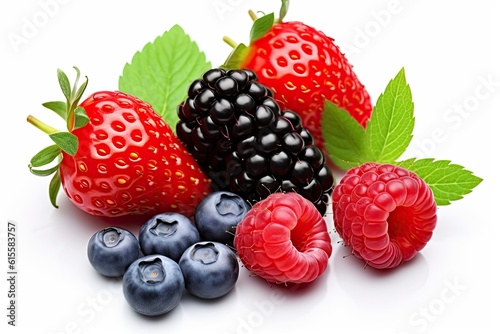 Illustration of berries and raspberries with leaves on a white background created with Generative AI technology