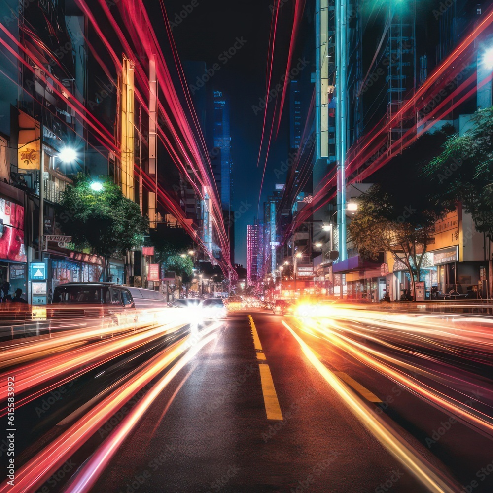 Bright light trails and neon lights along a citystreet created with Generative AI