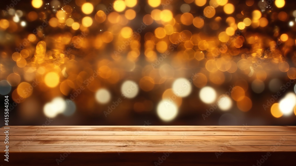 Empty wooden table top with bokeh lights on blur, abstract background