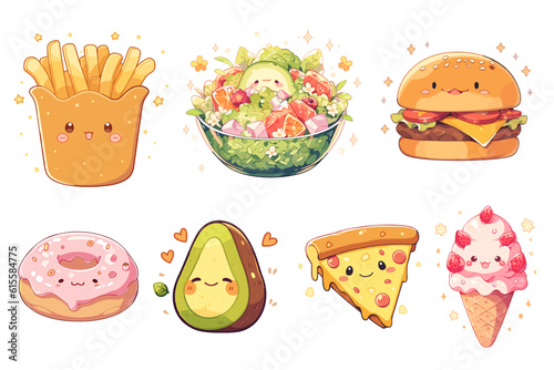 Cute kawaii food set. Cartoon food with face isolated on white background. Vector illustration EPS10
