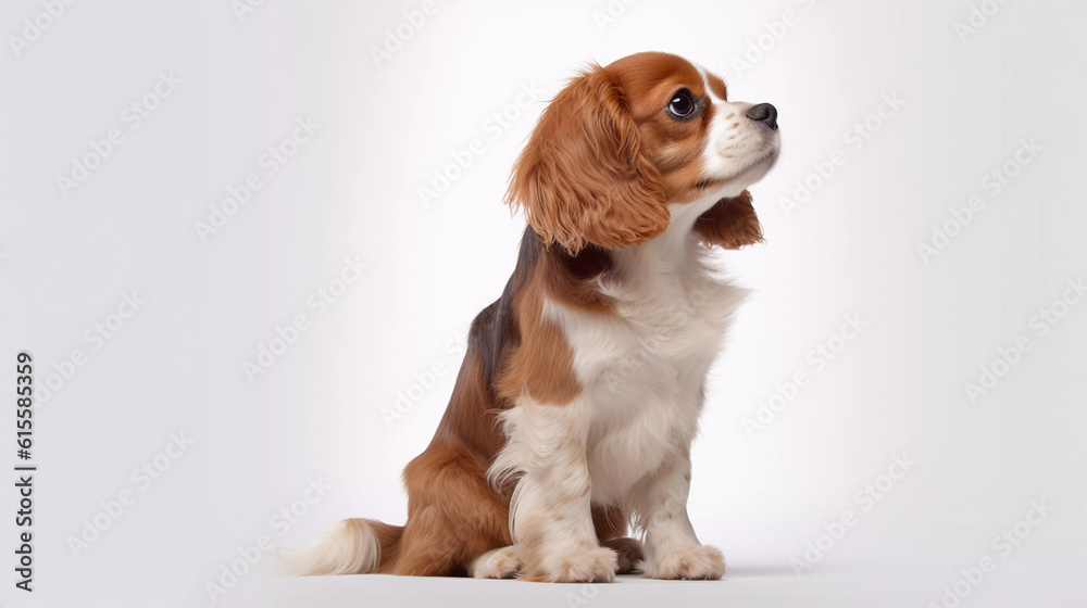 Cavalier king charles spaniel Dog sitting on its own with a white plain background