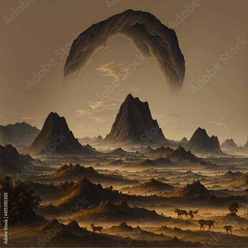 Photo of a stunning desert landscape with majestic horses and mountains in the background