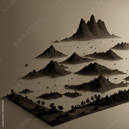 Photo of a beautiful 3D illustration of a forest landscape on a wooden wall