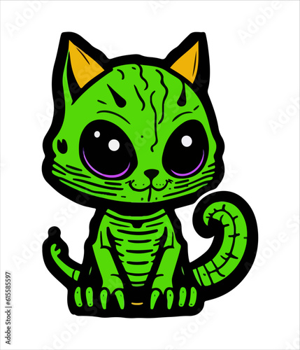 Cute space cat sticker. Alien kitten in flat cartoon style.