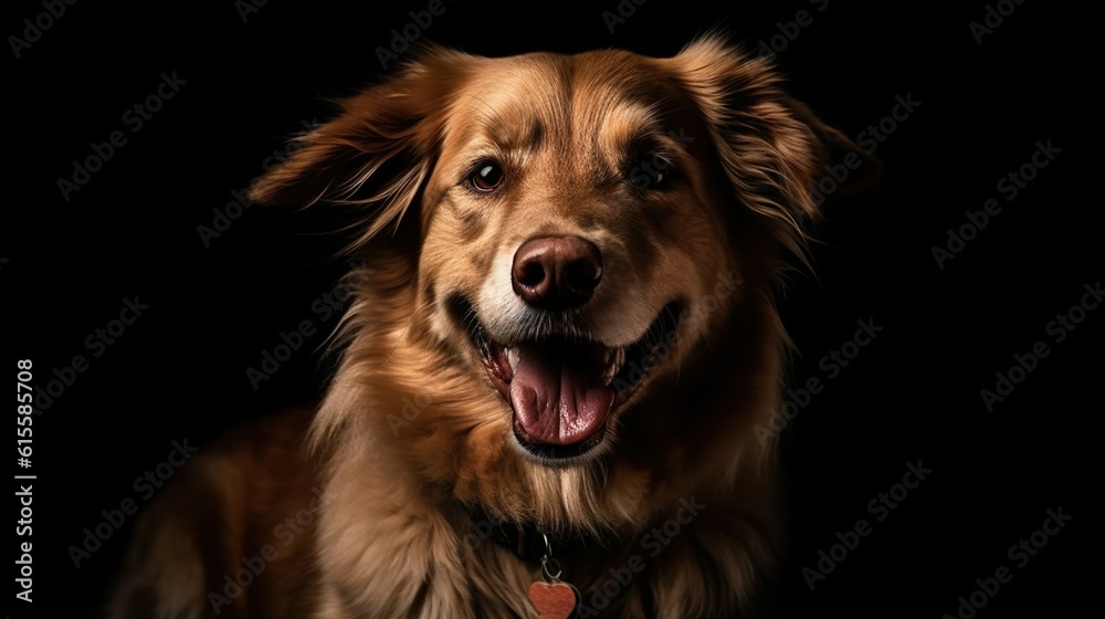 Medium shot of young dog looking at the camera with an open mouth in the black background