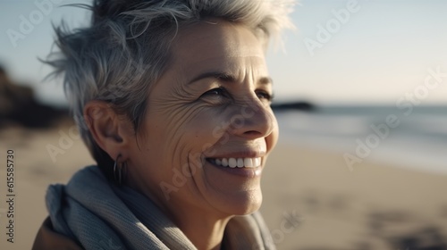 mature woman smiling and watching sunset on the beach photo