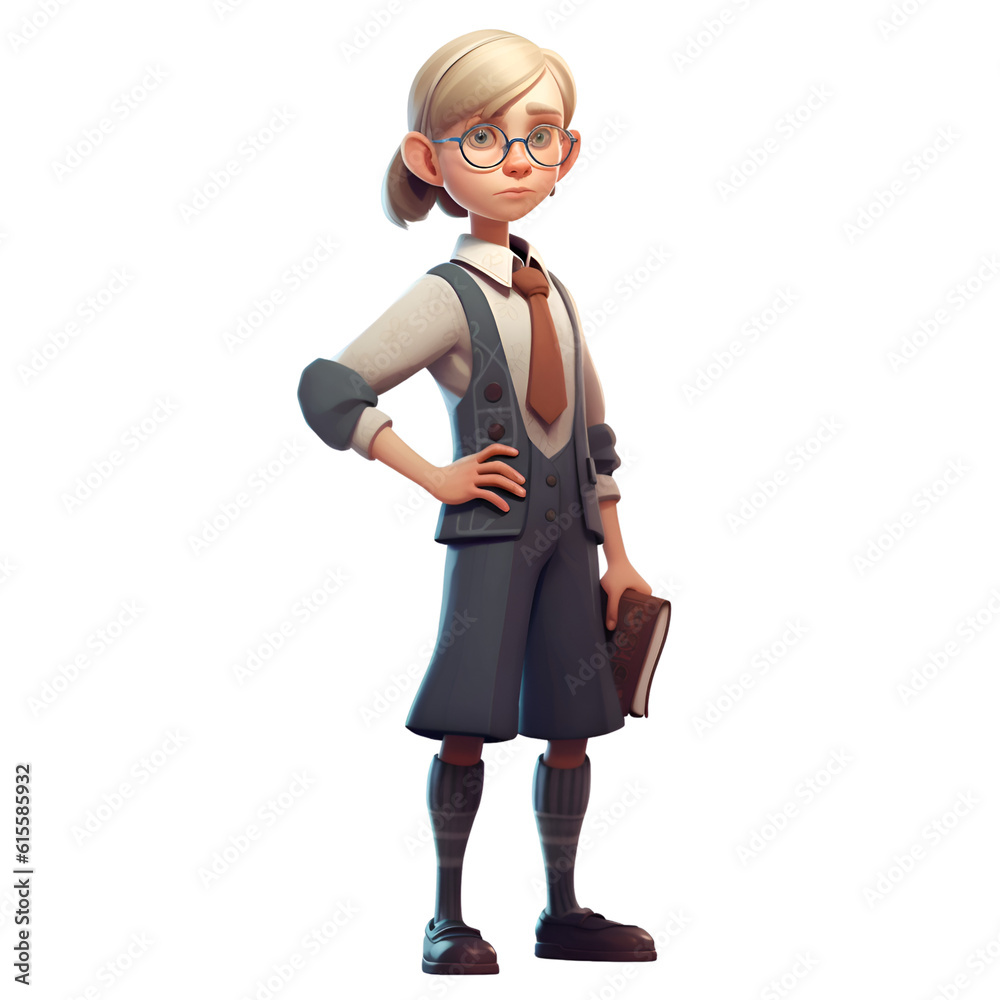 Young girl with glasses on white background. 3d rendering. illustration