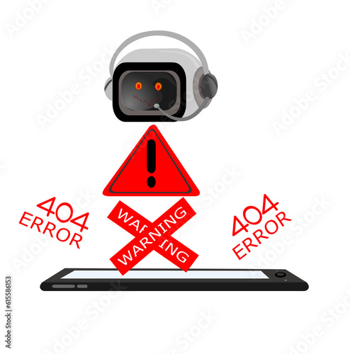  Artificial intelligence robot character with mobile application.Internet Problem Warning. System Work Error, 404 Maintenance Page Not Found.