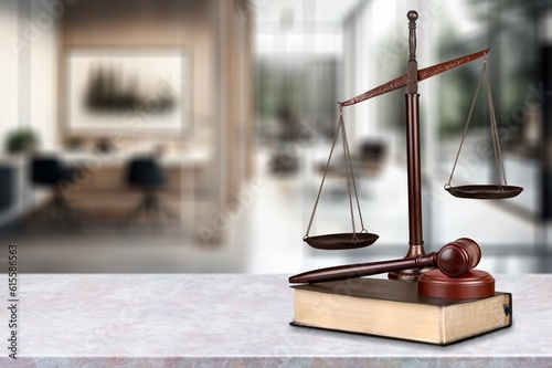 Lawyer wooden hammer on table in office, AI generated image