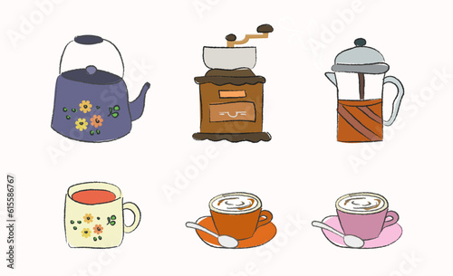 Set of coffee and tea elements collection. Coffee supplies icons. make coffee. French press, coffee makers, cup, pot, grinder, tea cup and teapot. object, accessory, style icons. Vector illustration.