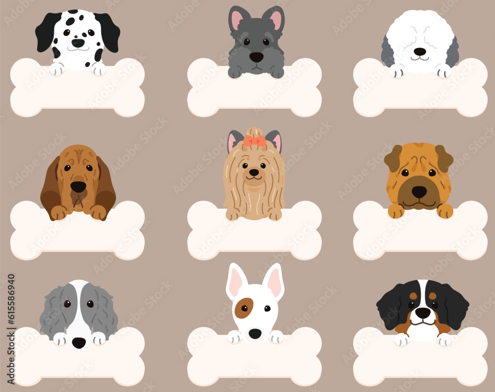 Obraz premium Set of flat colored cute and simple dog heads with front paws holding a bone