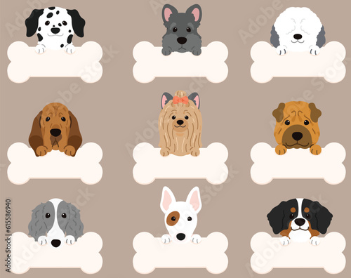 Set of flat colored cute and simple dog heads with front paws holding a bone