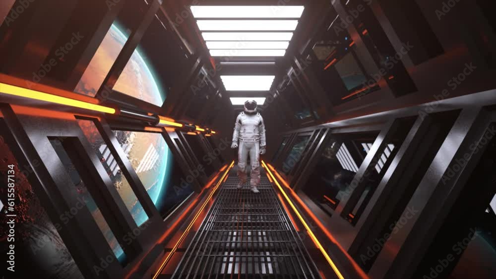 Astronaut walks in the tunnel of a spaceship. Sci-Fi futuristic space corridor. Mars orbit. Neon light. 3d animation.