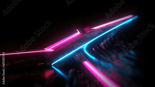 Abstract neon arrow turns right. Speed and technology concept. Glowing pink blue lines and bokeh lights.