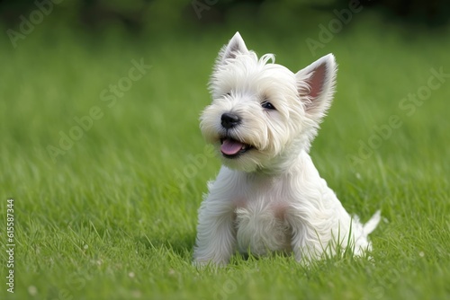 small white dog sitting on a vibrant green field. Generative AI