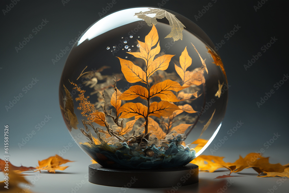 Nature autumn tree leaves crystal contained glass ball picture AI Generated image