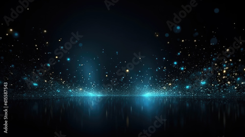 Glowing particles on dark blue background  flying glitter  technology abstract blurry banner design.