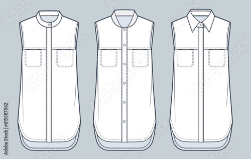 Set of Shirts technical fashion Illustration. Button down Shirt fashion flat technical drawing template, different collars, sleeveless, front view, white, women, men, unisex CAD mockup set. .