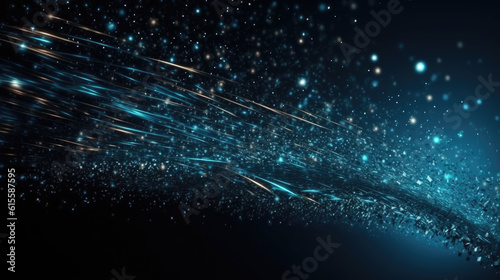 Glowing particles on dark blue background, flying glitter, technology abstract blurry banner design.