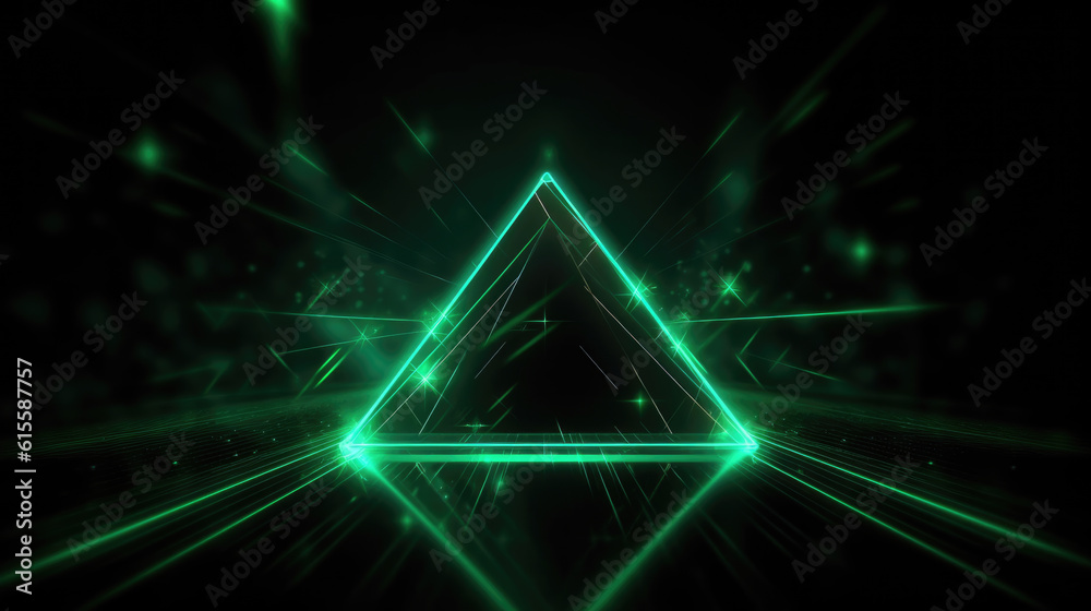 Abstract green neon background with triangular shape, laser rays and glowing lines. Abstract green neon background with triangular shape, laser rays and glowing lines.