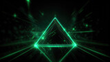 Abstract green neon background with triangular shape, laser rays and glowing lines.