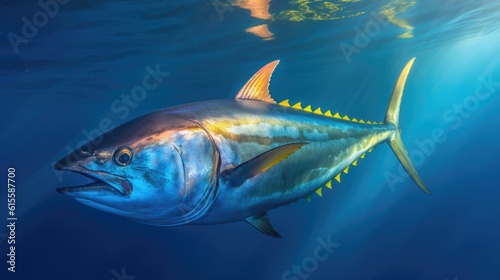 Yellowfin Tuna Fish Swimming Just Below the Surface of a Sun-Dappled, Aqua-Colored Ocean photo