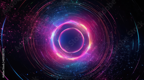 Abstract cosmic background with galaxy and stars. Round vortex. Pink blue neon lines spinning around the black hole.