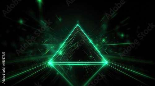 Abstract green neon background with triangular shape, laser rays and glowing lines.