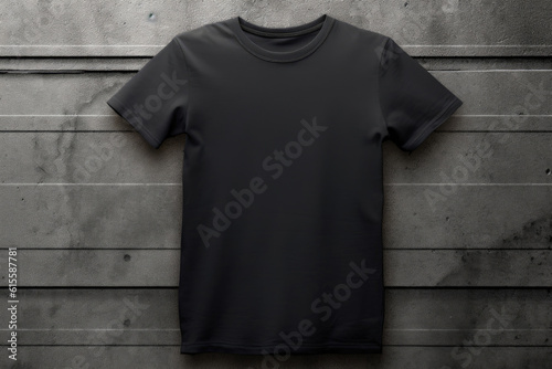 A blank black t-shirt in front of an urban gray wall. T-shirt mockup for presentation.