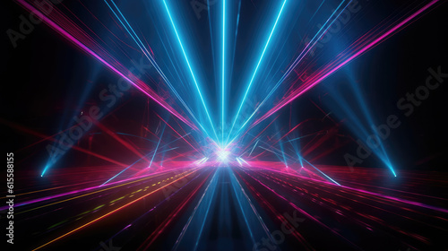 Digital illustration. Abstract neon background. Bright projector shining on the dark empty stage, glowing pink blue laser rays in the dark.