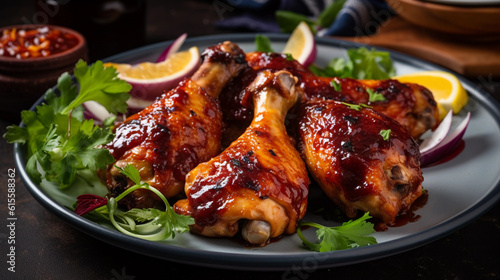 A plate of juicy grilled chicken drumsticks, marinated in a spicy barbecue sauce