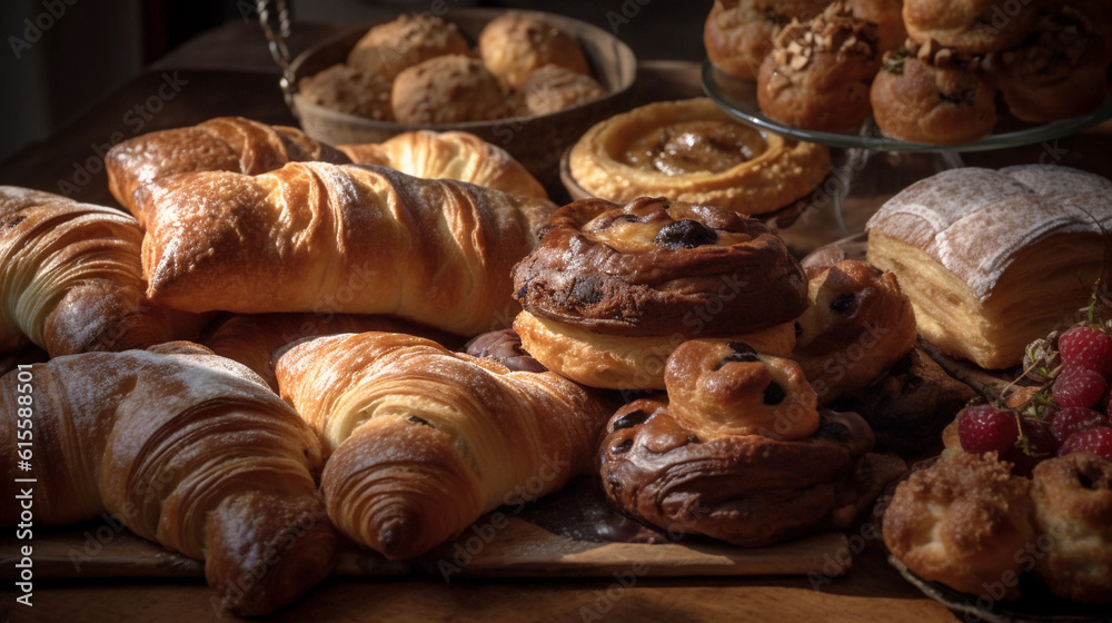 An assortment of freshly baked pastries, including croissants, cinnamon rolls, and pain au chocolat,
