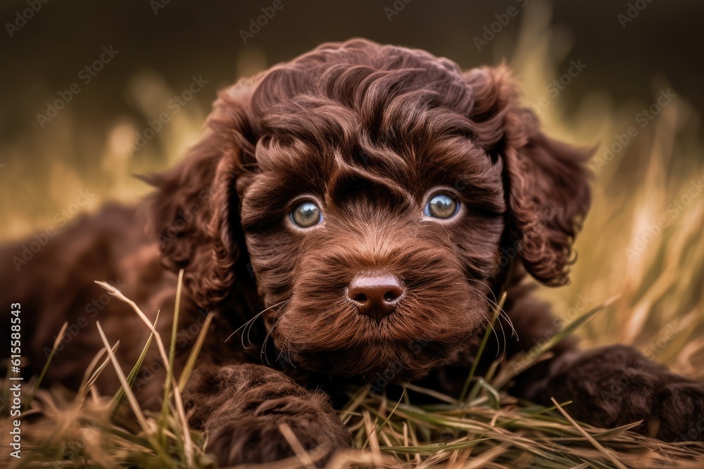 cute brown puppy with striking blue eyes lounging in a lush green field