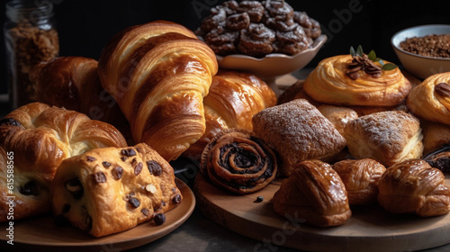 An assortment of freshly baked pastries, including croissants, cinnamon rolls, and pain au chocolat,