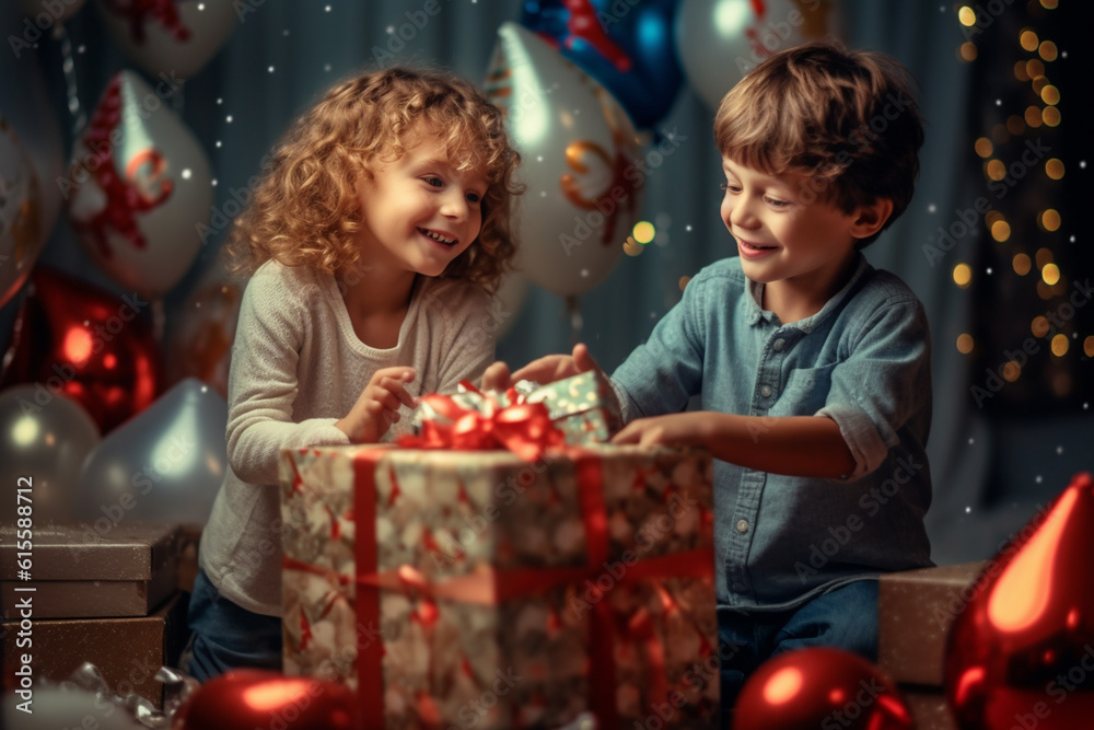 Little children opening Christmas gifts at morning Little children opening Christmas gifts at morning
