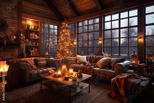 Stylish living room decorated for Christmas with fireplace at night © Simonforstock