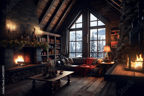 Stylish living room decorated for Christmas with fireplace at night