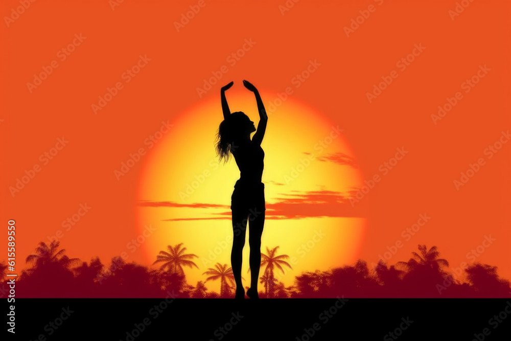 beauty and grace of a girl dancing against a stunning sunset. Evoke a sense of wonder and awe, making it ideal for designs related to movement, beauty, and freedom. AI Technology.