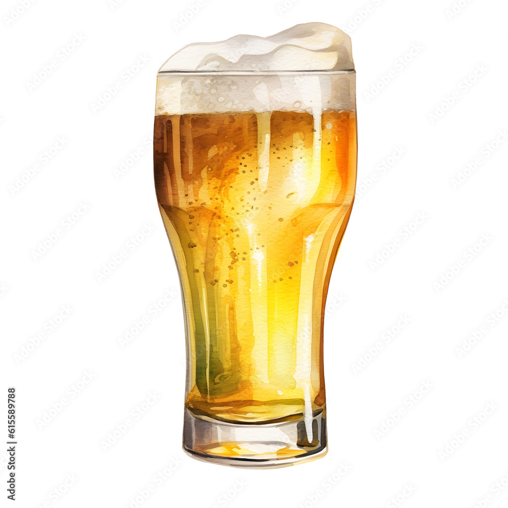  Watercolor illustration with glass of beer.  Drink menu for celebration. Beer poster.