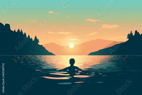 Silhouette of a girl enjoying a peaceful swim in the lake during a beautiful sunset. Calming and serene atmosphere, nature, relaxation, and meditation. Generative AI Technology.