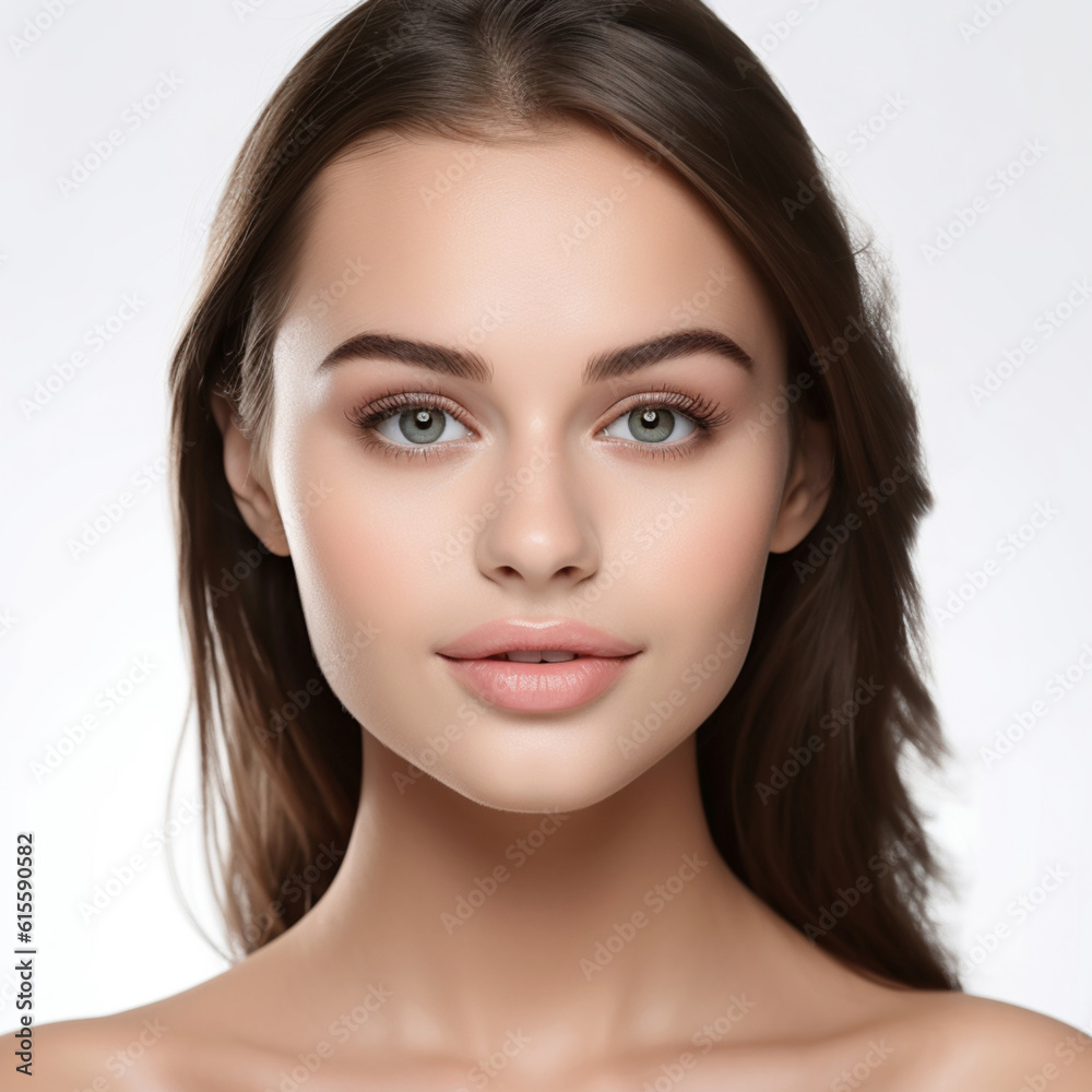 Illustration, Generative AI. A young beautiful woman with excellent skin and natural makeup. Illustration, Generative AI. A young beautiful woman with excellent skin and natural makeup.
