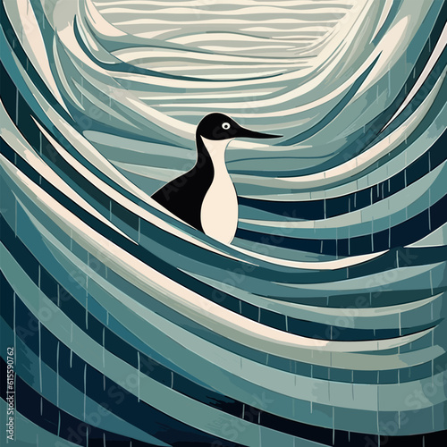 Artistic Art Deco poster featuring a hand-painted Penguin on the polar ice cap in Antarctica