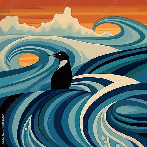 Captivating hand-painted poster in the Art Deco style, portraying a Penguin on the polar ice cap