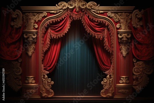 stage with red and blue curtains. Generative AI