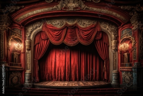 Stage with Red Curtain and Wooden Floor. Generative AI
