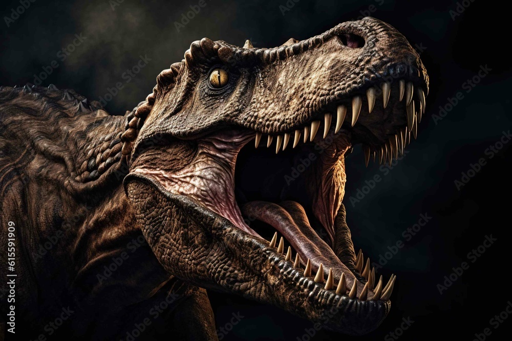 A close-up view of a ferocious T-Rex hunting his prey. Created with Generative Ai technology. A close-up view of a ferocious T-Rex hunting his prey. Created with Generative Ai technology.