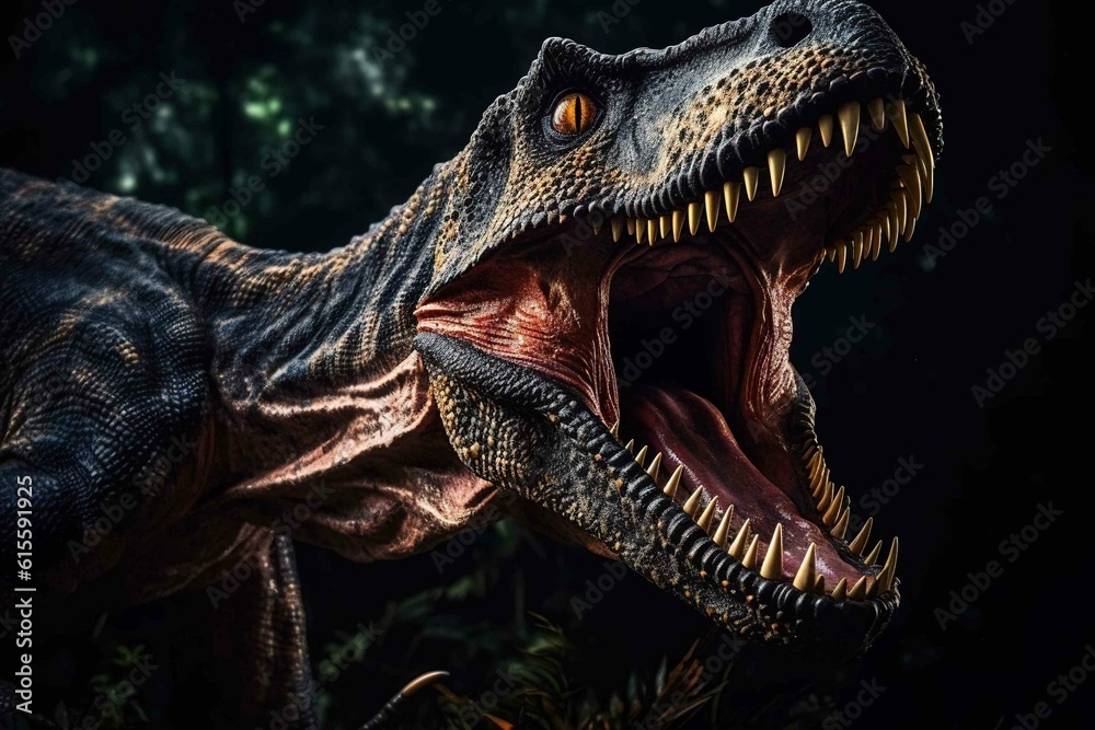 A close-up view of a ferocious T-Rex hunting his prey. Created with Generative Ai technology. A close-up view of a ferocious T-Rex hunting his prey. Created with Generative Ai technology.